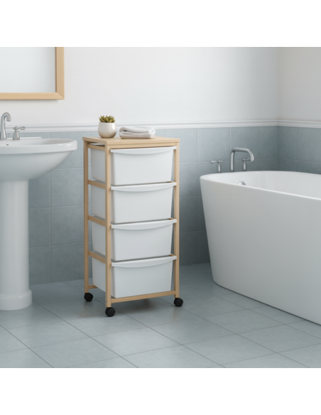 Cassettiera legno faggio naturale con 4 ceste ambientata